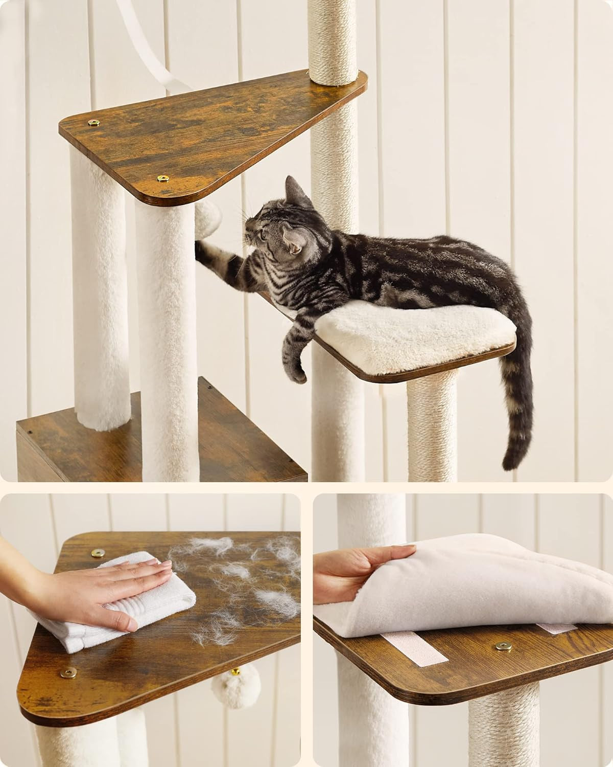 65-Inch Modern Cat Tree - Multi-Level Indoor Cat Condo with 5 Scratching Posts, Perch, and Washable Cushions in Rustic Brown