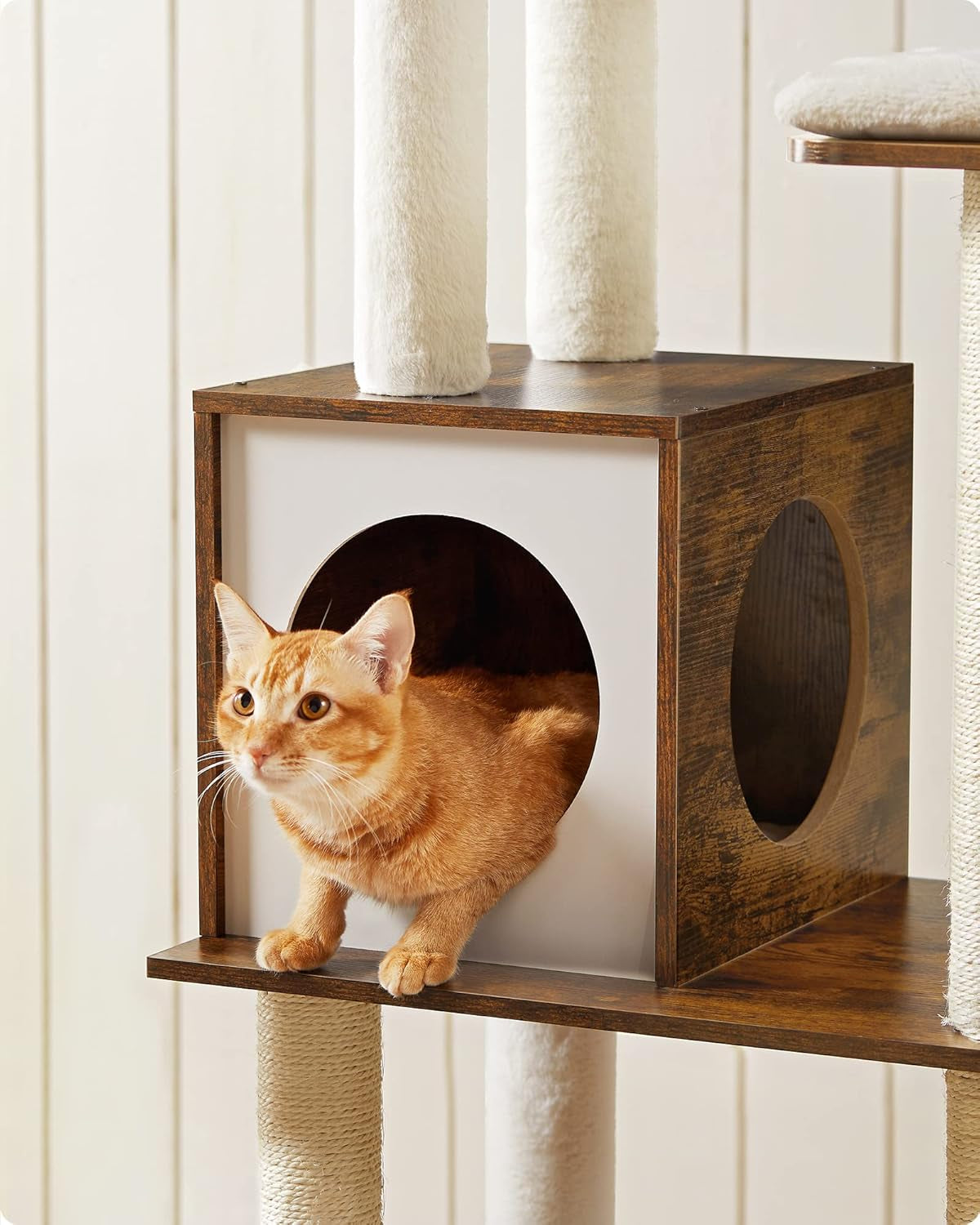 65-Inch Modern Cat Tree - Multi-Level Indoor Cat Condo with 5 Scratching Posts, Perch, and Washable Cushions in Rustic Brown