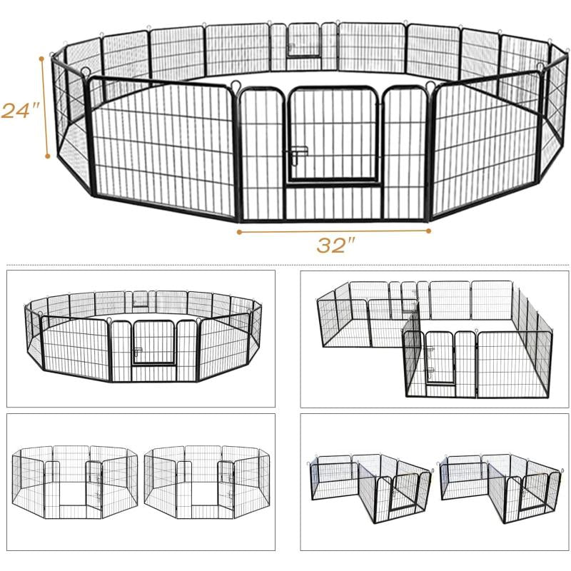 Pet Dog Playpen, Foldable Metal Indoor Outdoor, 8/16 Panel 24"/32"/40" with Lockable Double Door Dog Fence for Large Medium Small Animals Cage