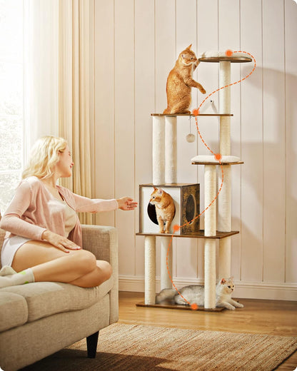 65-Inch Modern Cat Tree - Multi-Level Indoor Cat Condo with 5 Scratching Posts, Perch, and Washable Cushions in Rustic Brown