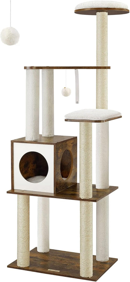 65-Inch Modern Cat Tree - Multi-Level Indoor Cat Condo with 5 Scratching Posts, Perch, and Washable Cushions in Rustic Brown