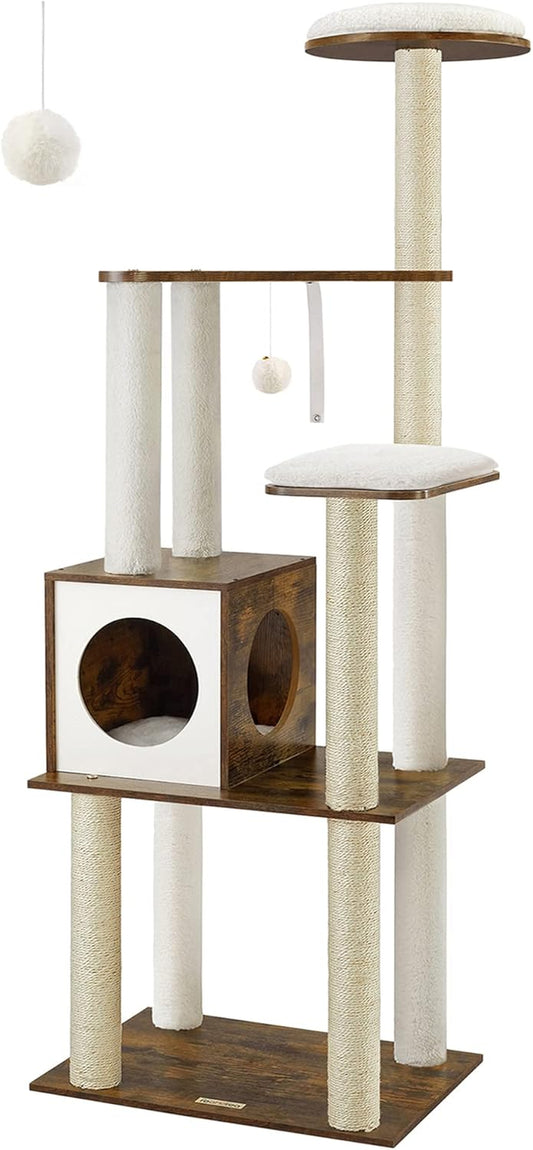65-Inch Modern Cat Tree - Multi-Level Indoor Cat Condo with 5 Scratching Posts, Perch, and Washable Cushions in Rustic Brown